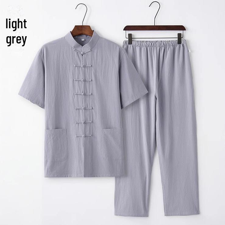 

Мужской летний костюм Тан с короткими рукавами из хлопка и льна - китайский стиль Ханьфу для людей среднего и пожилого возраста 195/5XL [Recommended 170-190 jin]