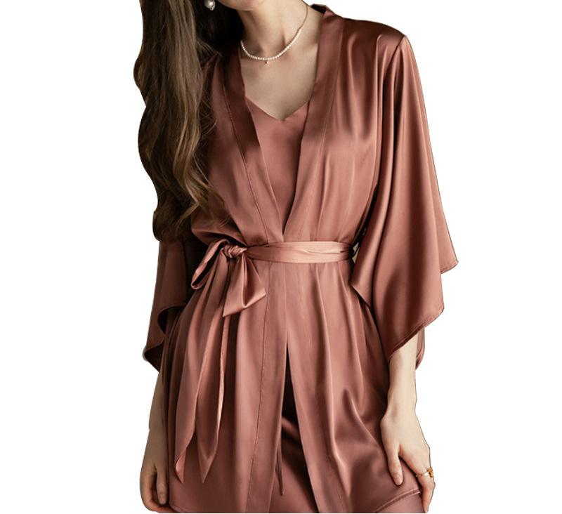 Single nightgown women's imitation silk cardigan spring and autumn new loungewear summer ice silk pajamas sexy kimono morning gown