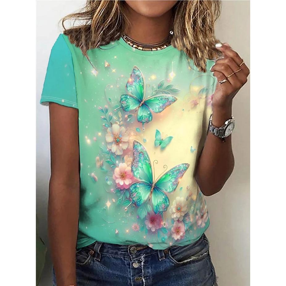 Vibrant Butterfly Print Crew Neck T-Shirt Soft Slight Stretch Polyester Regular Fit Short Sleeve Spring & Summer Womens Casual Clothing