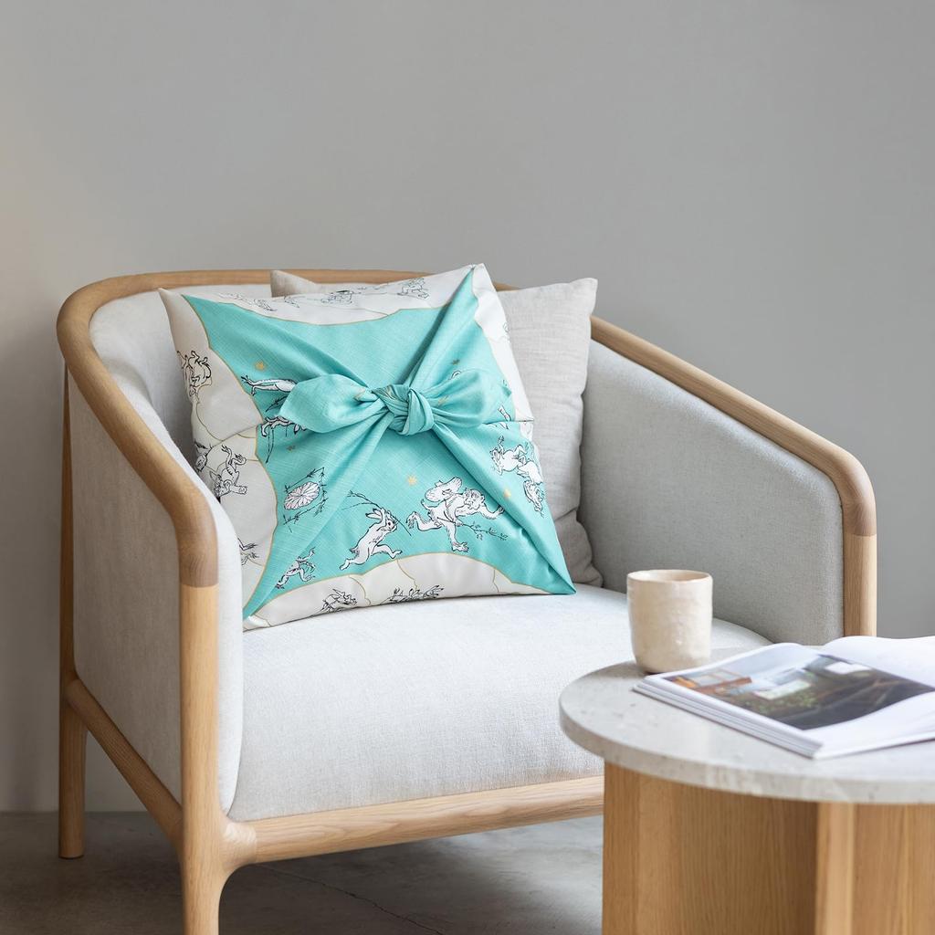 Musubi Furoshiki Choju Jinbutsu Giga of Animals and Lotus Leaf Organic Cotton 100cm, (Caricature People) Design, Turquoise,