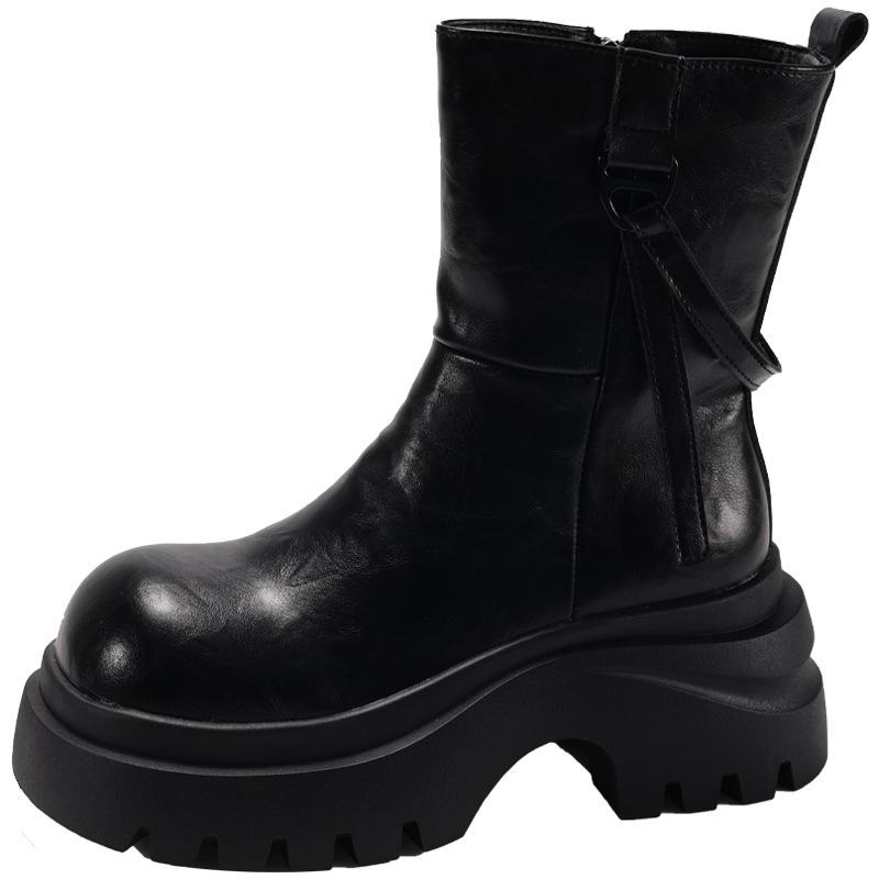 Soft Leather Martin Boots Women's 2025 Autumn and Winter New Muffin Thick-soled One-pedal Light Cigarette Boots Velvet Short Boots Black