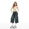 Trendy Vintage Pocket Cargo High Waist Loose Straight Wide Leg Cropped Capri Denim Shorts For Women Versatile Slimming FigureFlattering Casual Bottoms