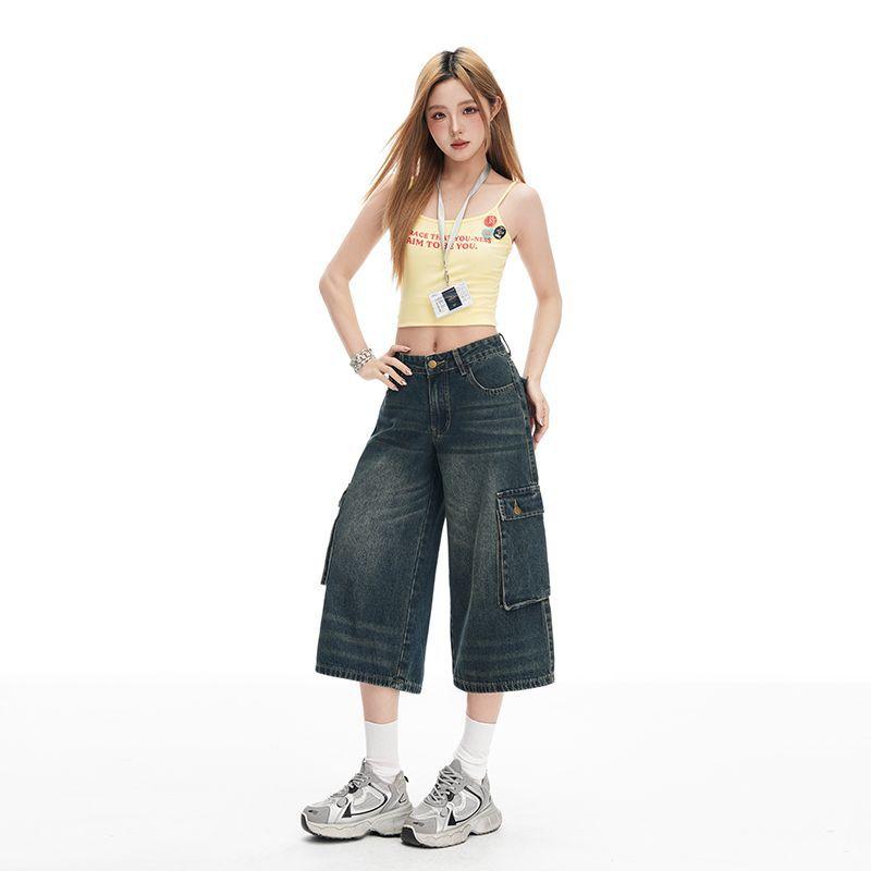 Trendy Vintage Pocket Cargo High Waist Loose Straight Wide Leg Cropped Capri Denim Shorts For Women Versatile Slimming FigureFlattering Casual Bottoms