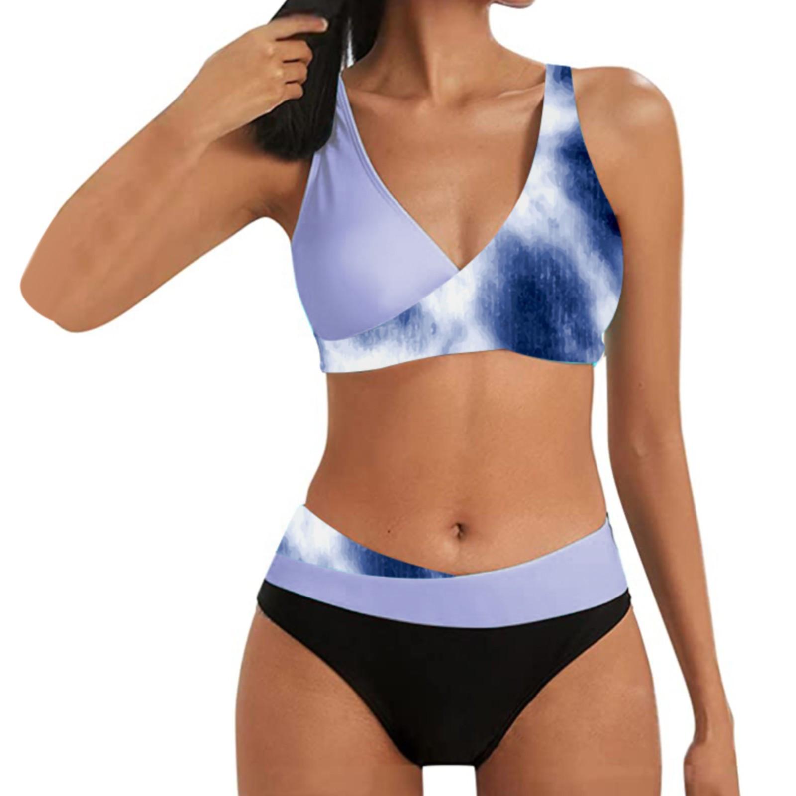 Women s Fashion Split Tie- Printed Bikini Sexy With Bra Pad No Bra Swimsuit L
