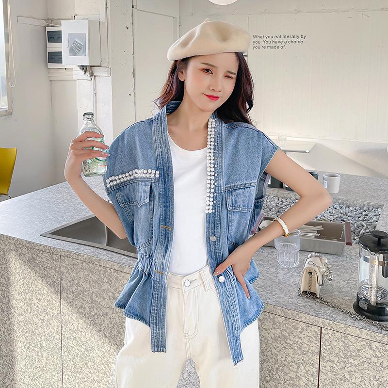 Korean Style Beaded Denim Sleeveless Vest - Summer Slim & Loose Fit