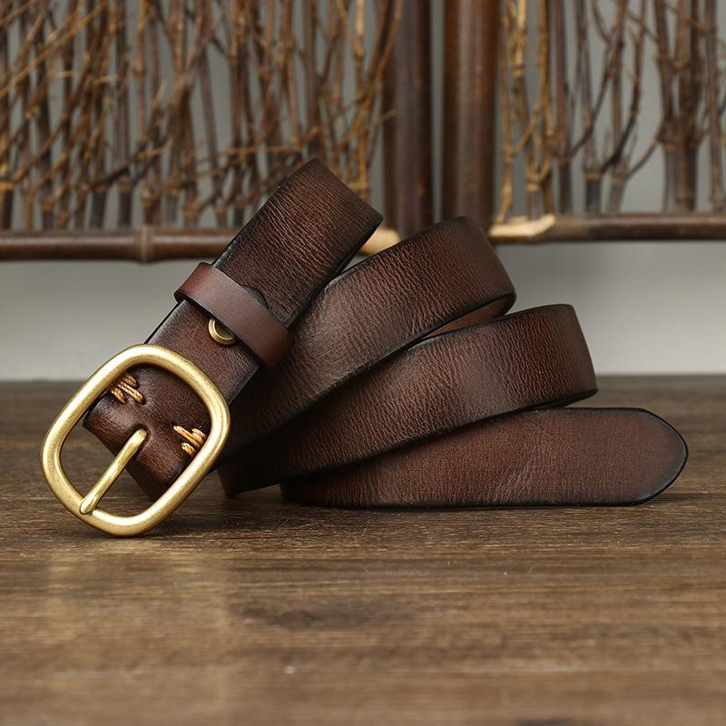 Cintura da Donna Vintage Pieghettata Trendy Pelle Fibbia ad Ardiglione Primo Strato Pelle di Mucca All-Match Cintura per Jeans da Donna