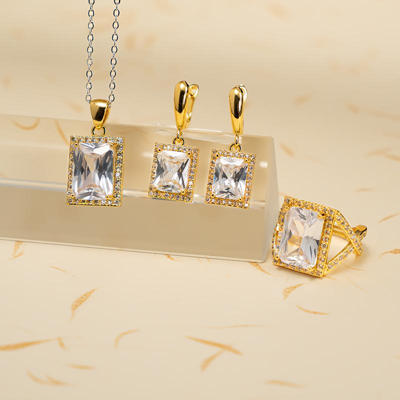 

2026 Set Necklace Ring Earrings Three-piece Set, Zircon Inlaid Jewelry Light Luxury Sweater Chain Women 45CM