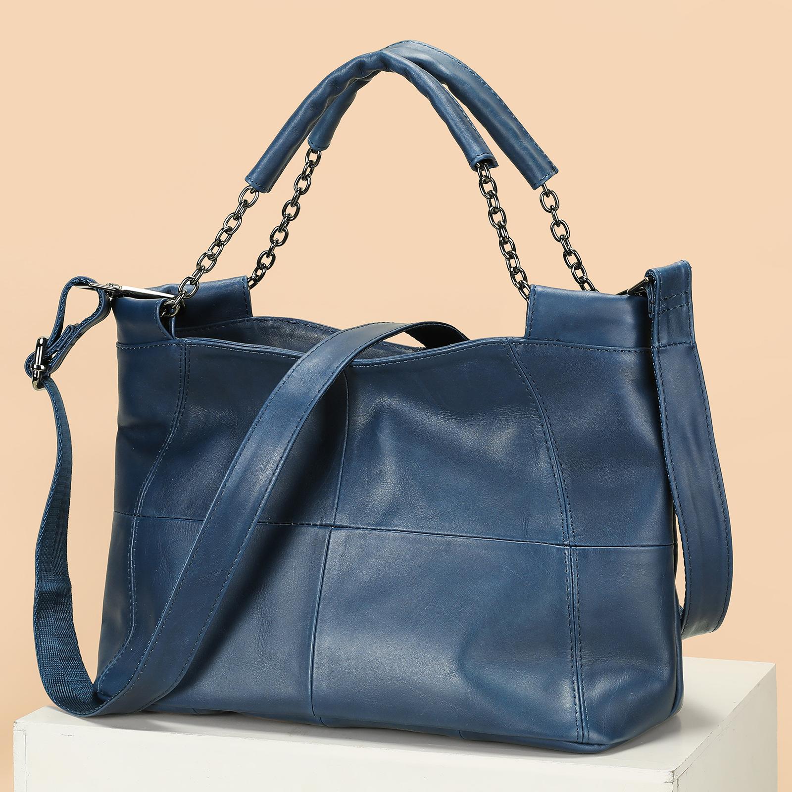 

Top-Grain Cowhide Leather Shoulder Bag for Women - Vintage Designer Crossbody Tote with Chain Strap, Spacious & Versatil 30 x 13 x 22 cm темно-синий