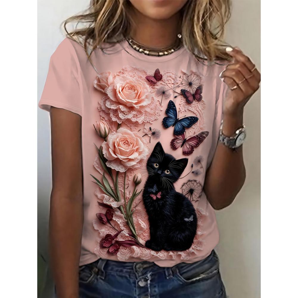 Женская футболка с 3D цветочным принтом и черным котом 5XL