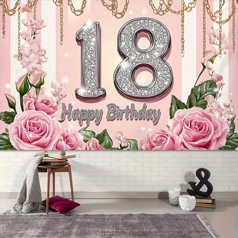 2D Pink Glitter 18th Birthday Backdrop Home Party Celebration Photo Background