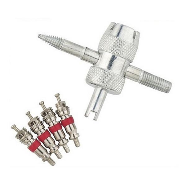 4Way Valve Tool with 6 Brass Valve Cores Fit for All Vehicle amd Air