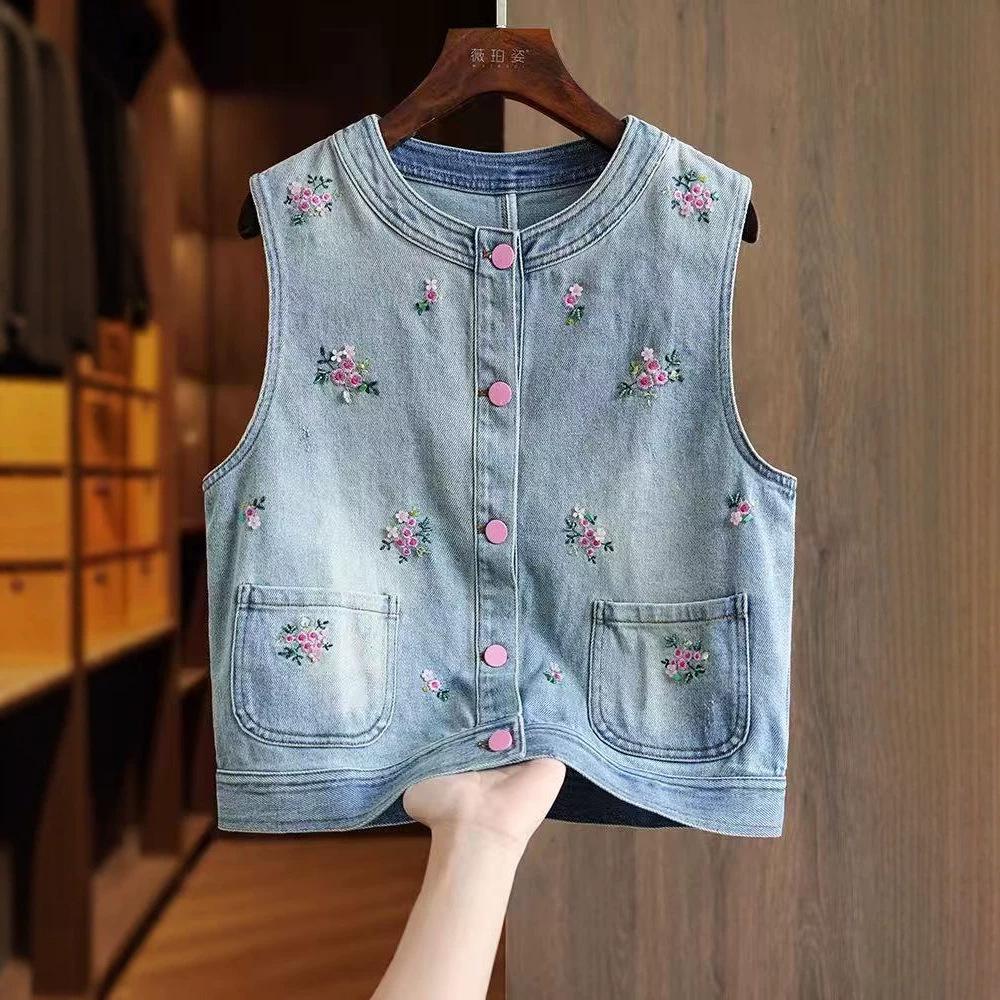 Blue Cotton Denim Vest Vest Women s Vest Crew Neck Heavy Industry Embroidery Crew Neck Stacked Top Round Neck Scattered Floral Embroidery Denim Vest S
