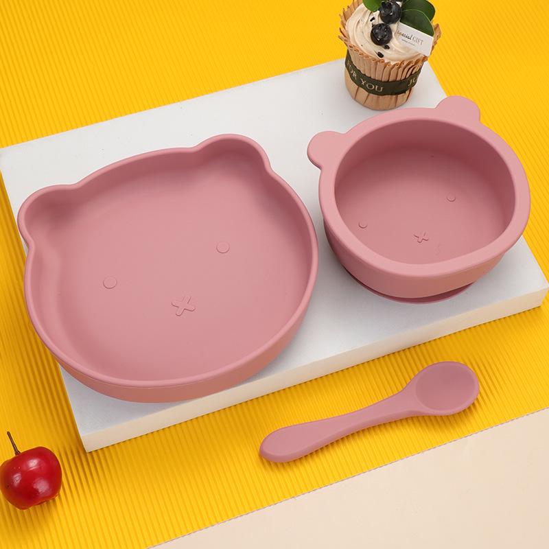 Little Bear Children's Silicone Tableware Set: Anti-Fall Bowl, Plate, and Spoon