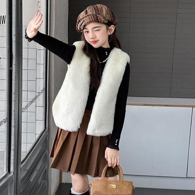 Snygg Fuskpälsväst & Klänning för Flickor Höst Vinter 2025 Mode Tre-delat Set
