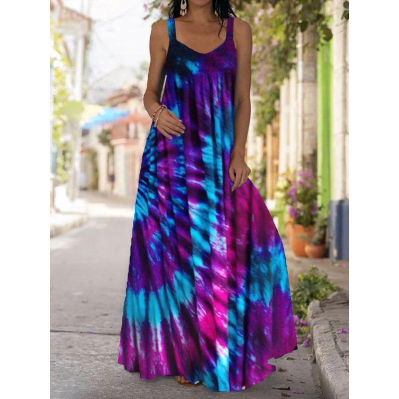 Women's Fashion Casual V Neck Printing Swing Sling Boho Loose Summer Beach Sleeveless Off-the-shoulder Mopping Dress Plus Size Long Dress