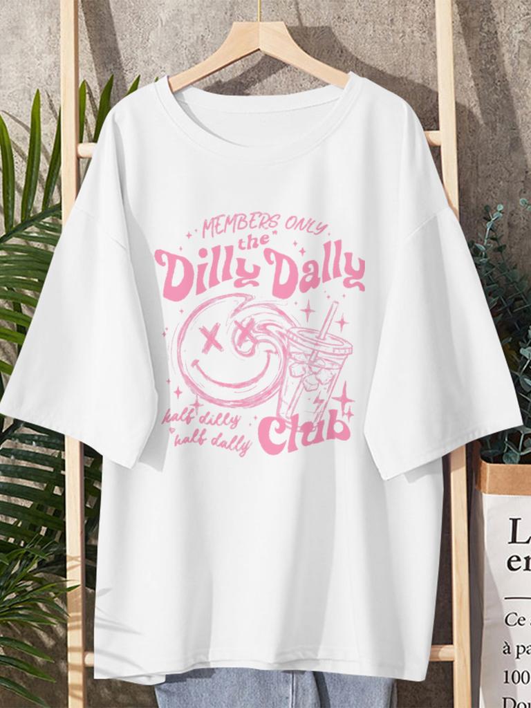 Dilly Dally Club Print Tshirts Women Summer Casual Loose Short Sleeve Tees Hipster Cute Aesthetic Astrology Tops