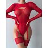 European and American Mesh Color Block Outerwear & Long Sleeve Camisole Bodysuit Lingerie Set for Women