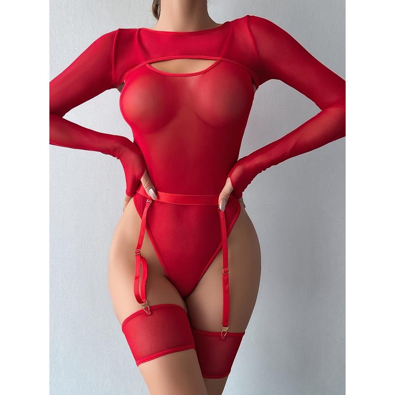 European and American Mesh Color Block Outerwear & Long Sleeve Camisole Bodysuit Lingerie Set for Women