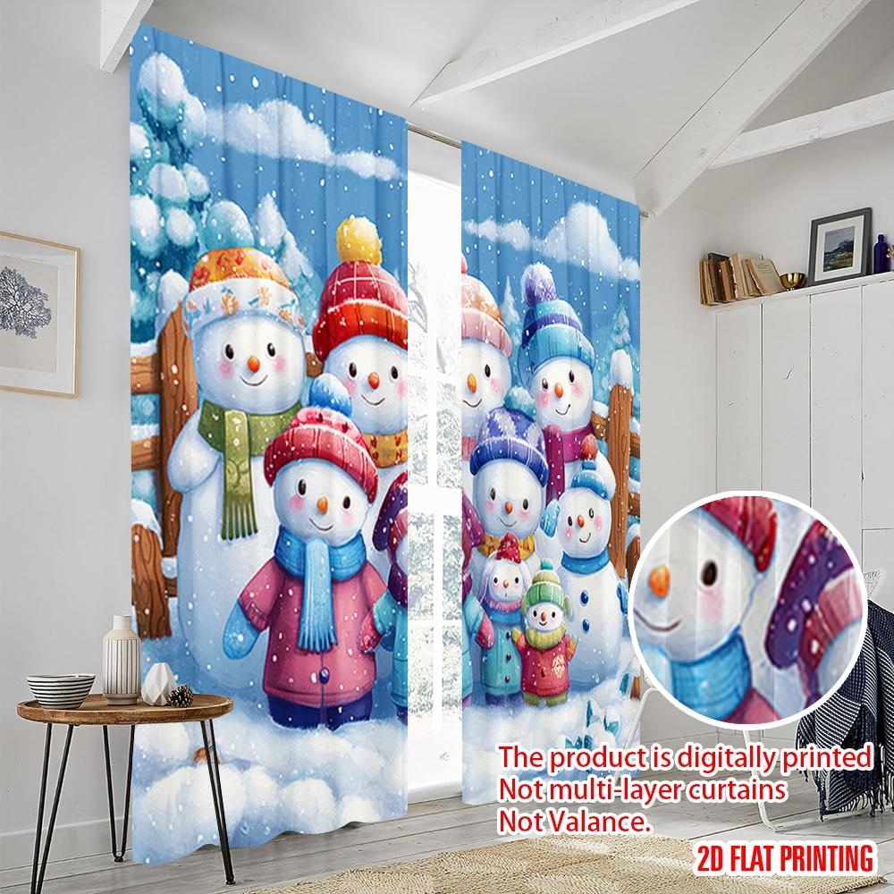 2pcs,2D Plane Printing Curtains&Window Treatment Snowman Family Winter Versatile Polyester Fabric (without Rod) Room Decor