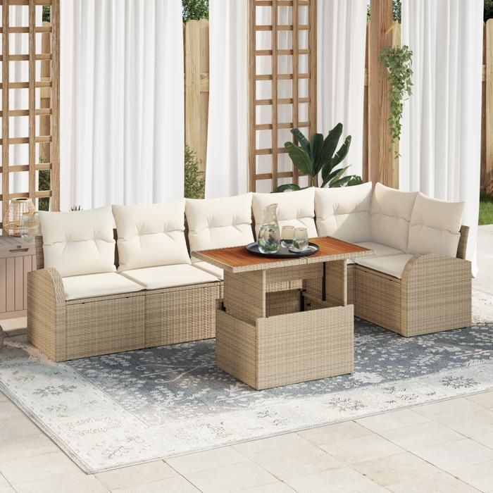 VidaXL Ensemble de salle à manger de jardin 7 pièces avec coussins beige poly rattan acacia 3349595