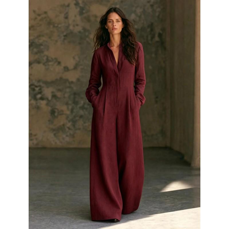 Womens V-Neck Long Sleeve Linen Jumpsuit Loose Wide Leg Casual Overall 2026 Fall Collection