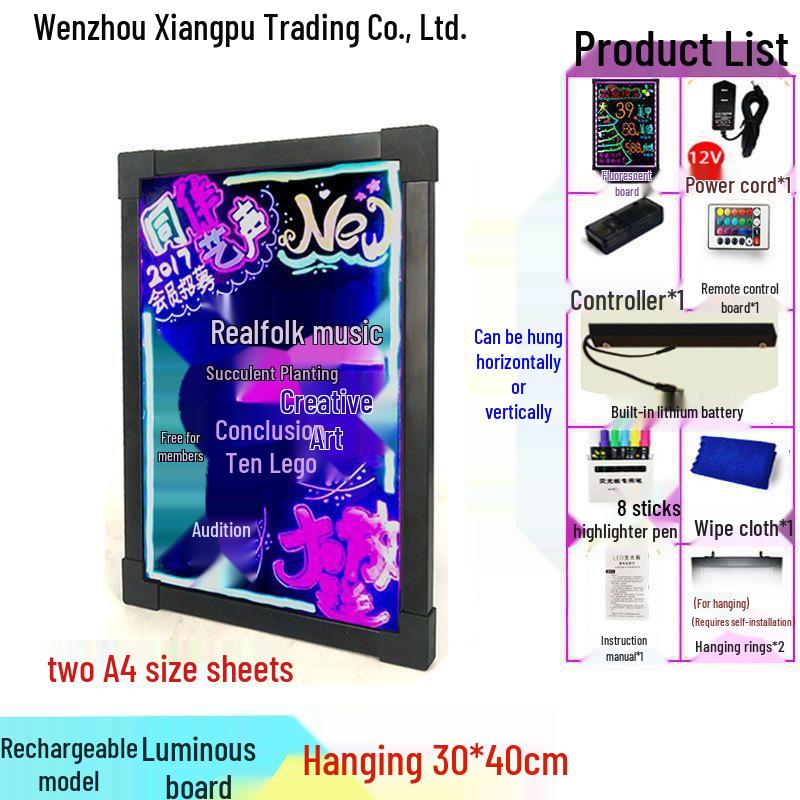 Светодиодная флуоресцентная рекламная доска - Светящаяся меловая доска для рукописных сообщений, Дисплей для продвижения внутри/вне помещений. Plug-In Luminous Board