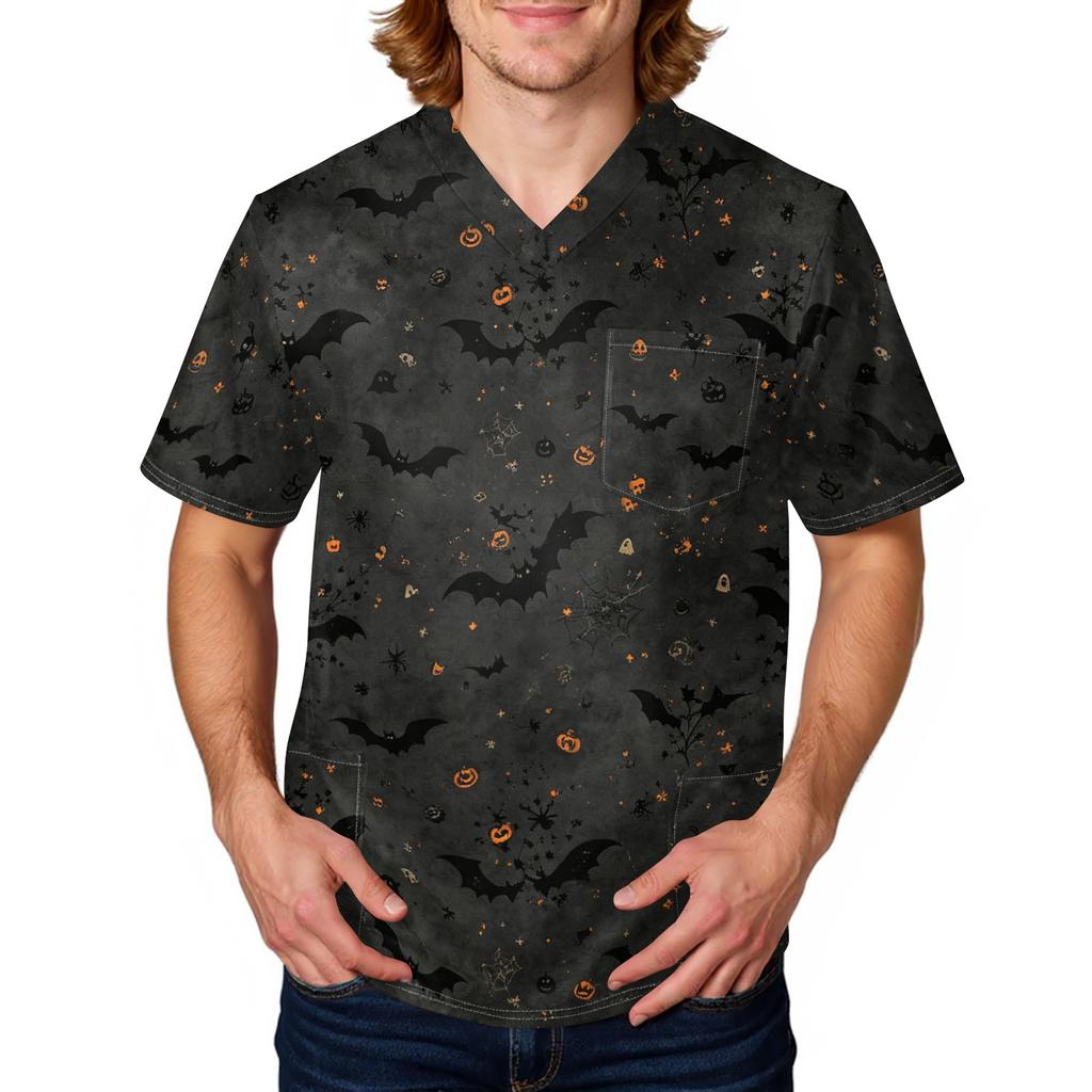 Men's Halloween Print Medical Scrub Top V Neck with Tie Pocket Comfortable Fit Daily Workwear for Healthcare Professionals