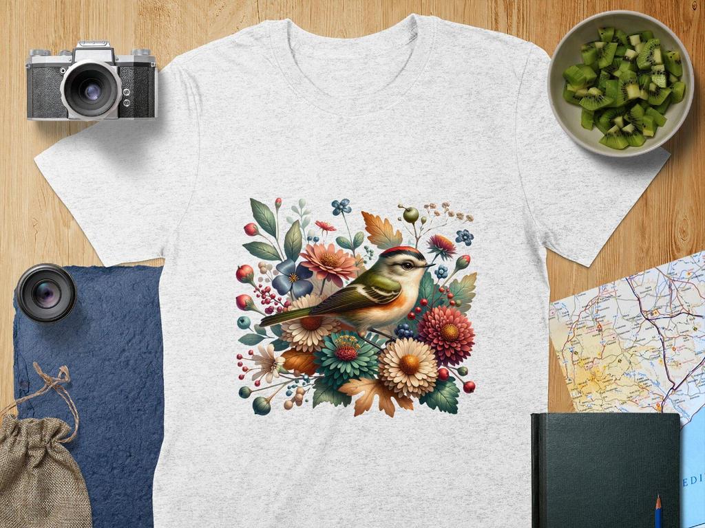 Ruby-crowned Kinglet Colorful Bird and Winter Floral Design T-Shirt, Perfect Gift for Bird Lovers, Bird Watchers, Nature Art Tee Shirt