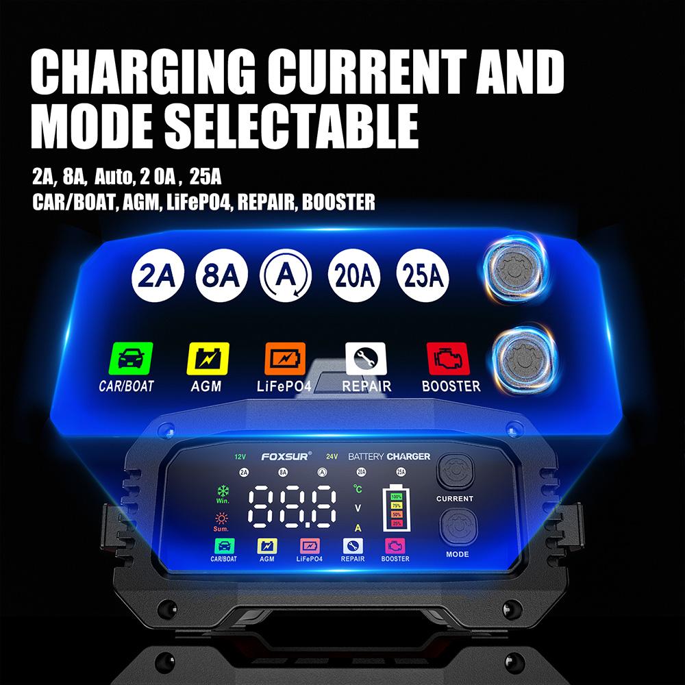 12V 24V FOXSUR FPT-250 Car Battery Charger For Car Motorcycle Truck High-Power Booster Pulse Repair for Lead-Acid AGM LiFePo4
