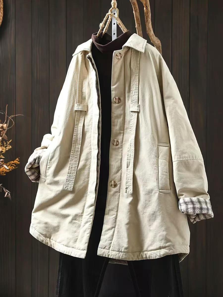 

Johnature Отложной воротник Свободный повседневный Однотонное пальто Женское Зима Ретро Длинные рукава Винтажное пальто в китайском стиле One Size бежевый