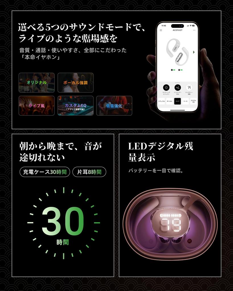 Design Award Hall of Fame ACEFAST Earphones with LED Ambient Breathing Bluetooth True Wireless Earbuds for Running and Fast Noise Separate Earhook Air