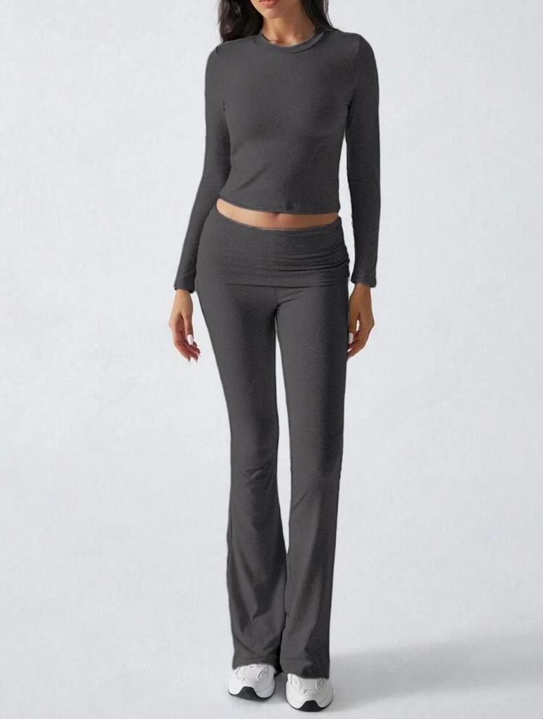 AYJ24T888 Women's Fashion Slim Fit Solid Color Tracksuit - Short Sleeve, Long Pants, Spring/Summer Collection