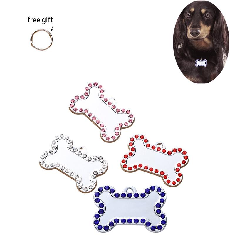 Pet Tag With Bone Shape And Sparkling Diamond Edge Stylish Metal Tag For Dogs