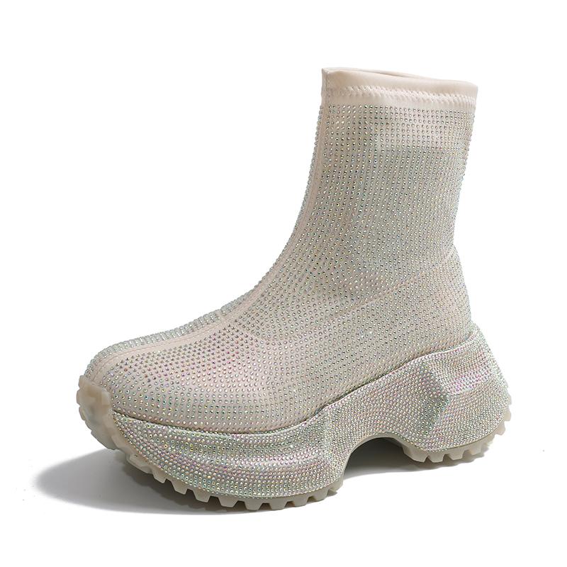 Full Drill Cover Foot Single Shoes Autumn New Round Toe Platform Sole Non-slip Wear-resistant Block Heel Boots