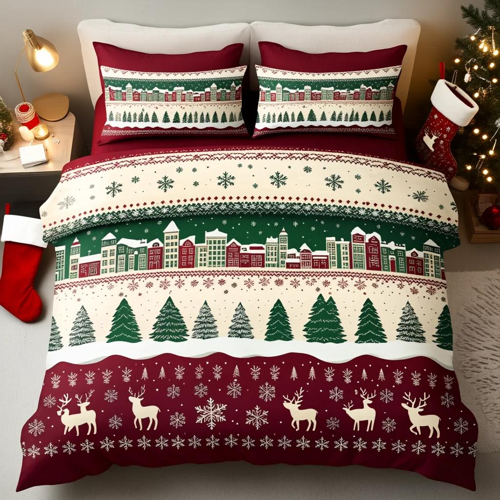 3Pcs Christmas Story Town Bedding Set Duvet Cover Warm Village Print Soft Polyester Queen Size Home Decor Holiday Gift