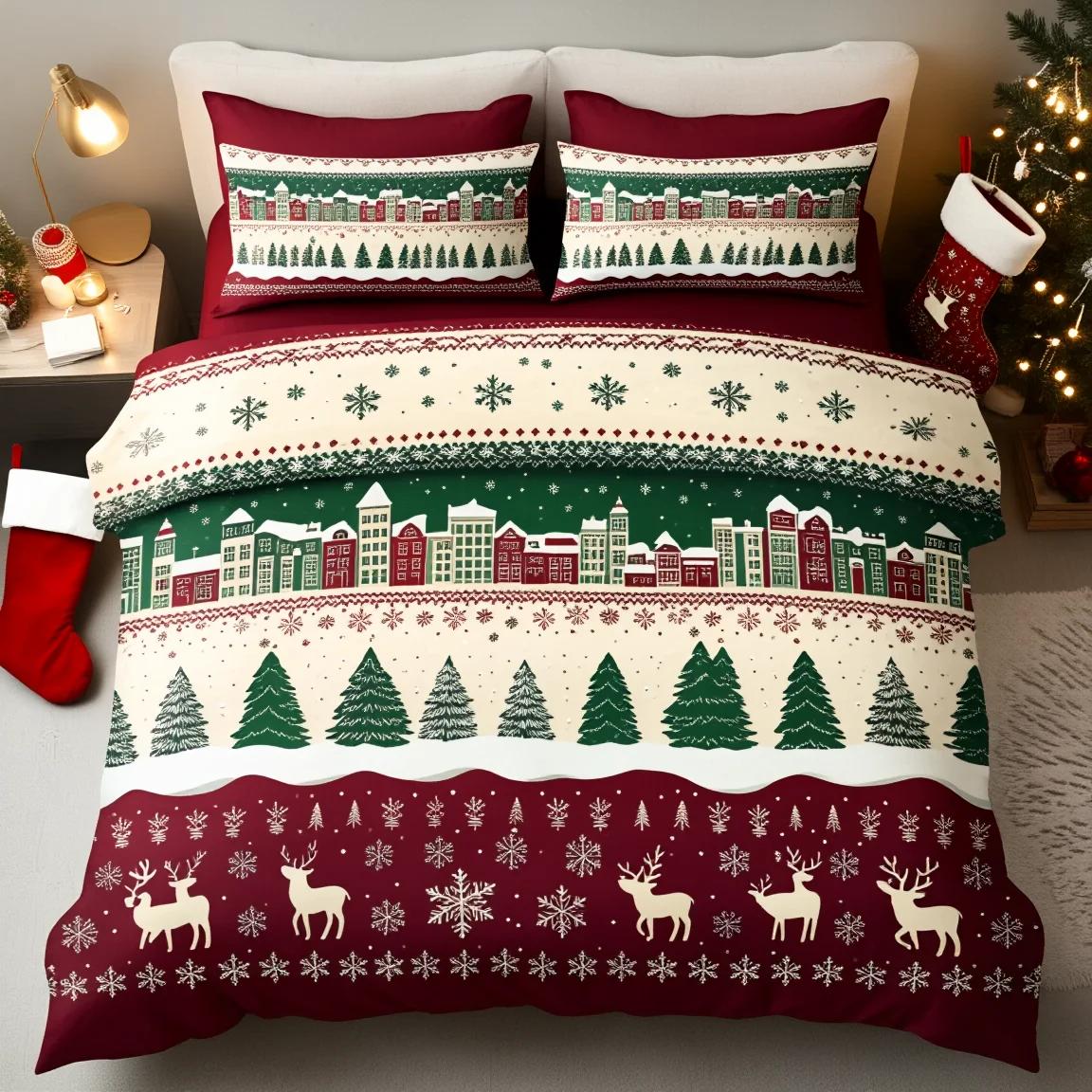 

3 шт. Рождественский сюжетный город Постельный комплект Пододеяльник Теплый принт Деревня Мягкий полиэстер Размер Квин Домашний декор Праздничный подарок US Twin(172x218cm)