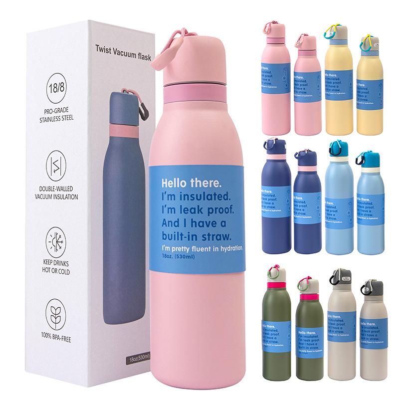 Customizable Logo BPA-Free Vacuum Flask Double Wall Stainless Steel Water Bottle Camping with Sip Straw & Handle