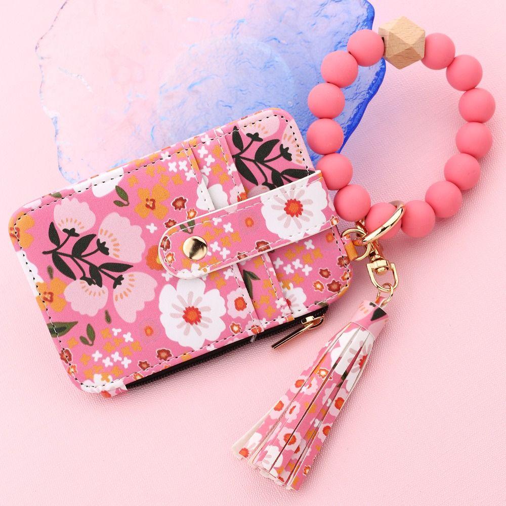 Pu Leather Silicone Bead Bracelet Keychain Boho Style Leather Card Bag Keychain  Fashion Wear
