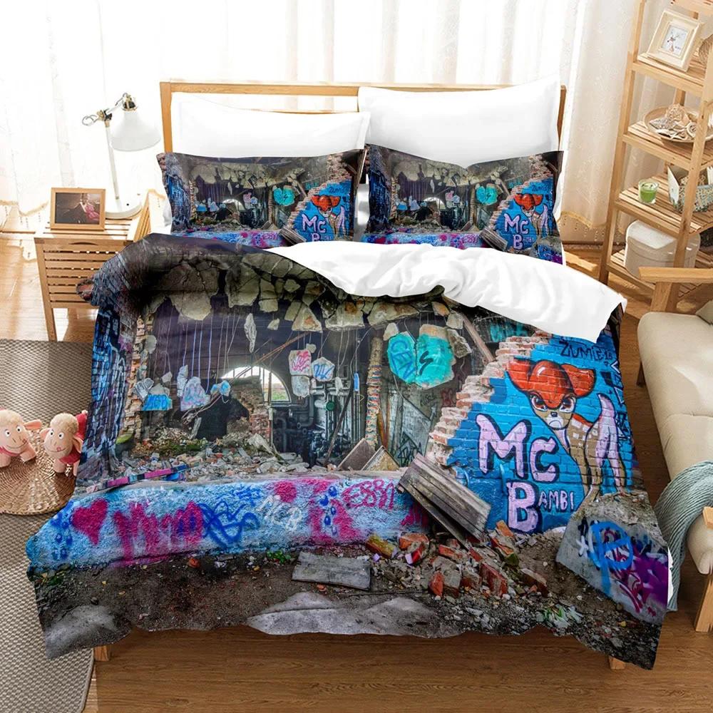 Graffiti Duvet Cover Set King/Queen Size Kid Boys Youth Modern Wall Urban Street Art Painting Polyester Bedding Set Pillowcases