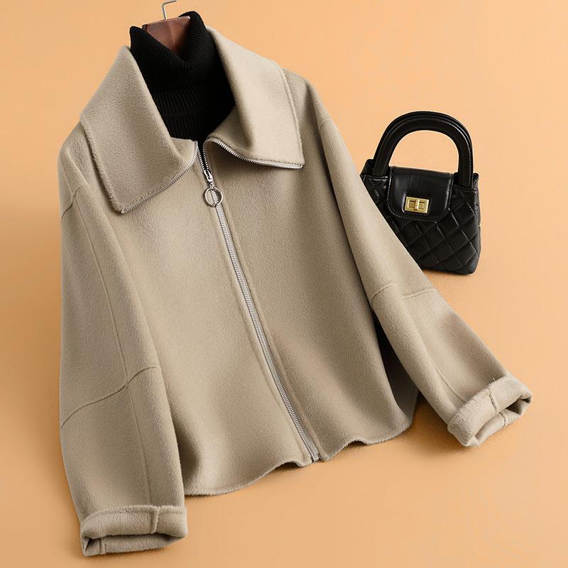 Double-sided Woolen Jacket Women's Short Autumn New Design Large Lapel Niche Zipper High-end Coat