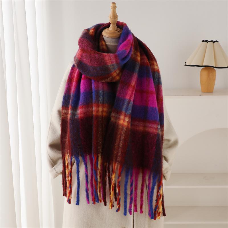 Winter  Rainbow Mohair Plaid Warm Thickened Scarf Commuting Versatile Tassel Imitation Cashmere Women'S Scarf