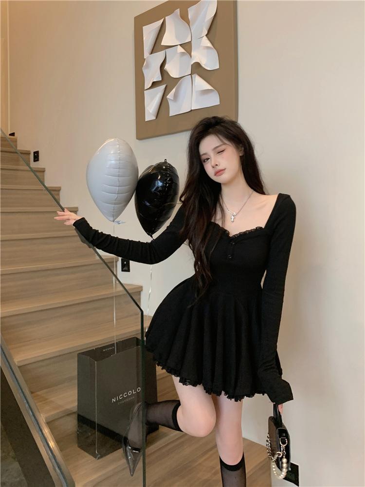 Ballet Gray Ruffle Edge Long-sleeved Dress for Women's Autumn and Summer New Spice Girl Large Size Pure Desire Pleated A-word Short Skirt