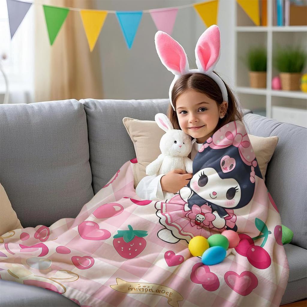 Hot Sale Kuromi Pink Plaid Sweet Blanket Cute Strawberry Cherry Heart Pattern Flannel Plush Throw for Home Decor Bed Sofa Office