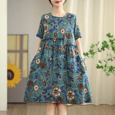 Kurzarm Plus Size Baumwolle Vintage Blumen Neu in Kleidern für Damen lässig locker Midi Sommerkleid