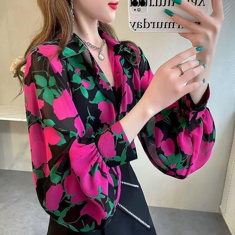 Retro Women's Printed Shirt Slim-fit Lantern Sleeve Floral Shirt Collared Chiffon Shirt Spring