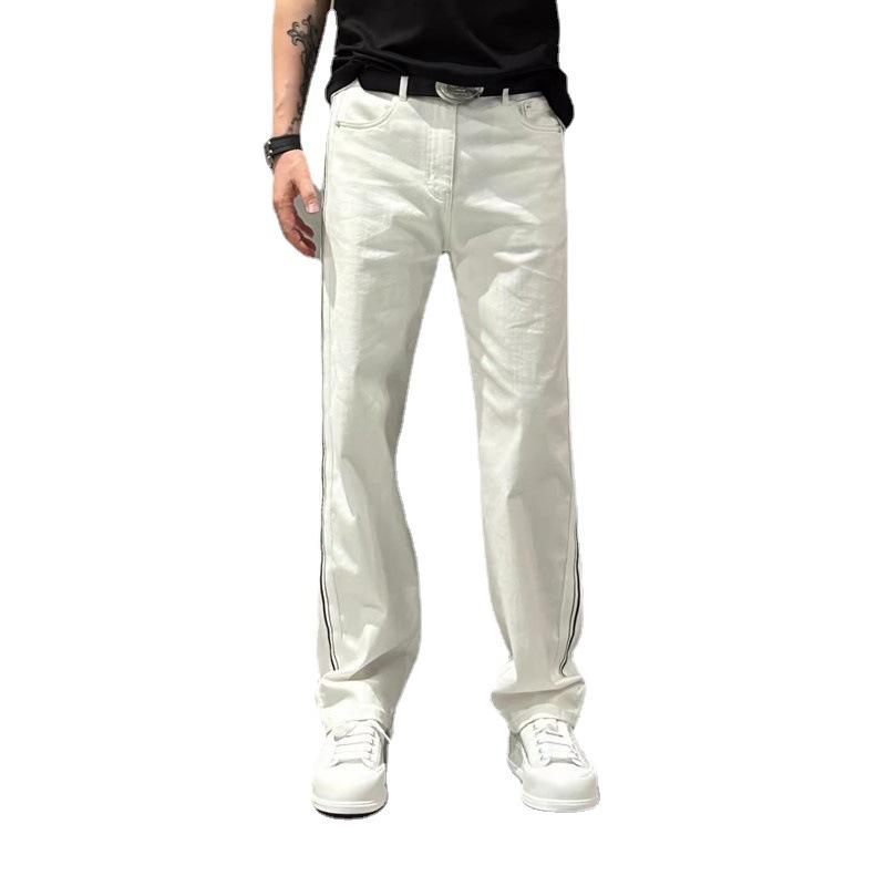 Men's Summer Wide-Leg Striped Stitching Casual White Jeans