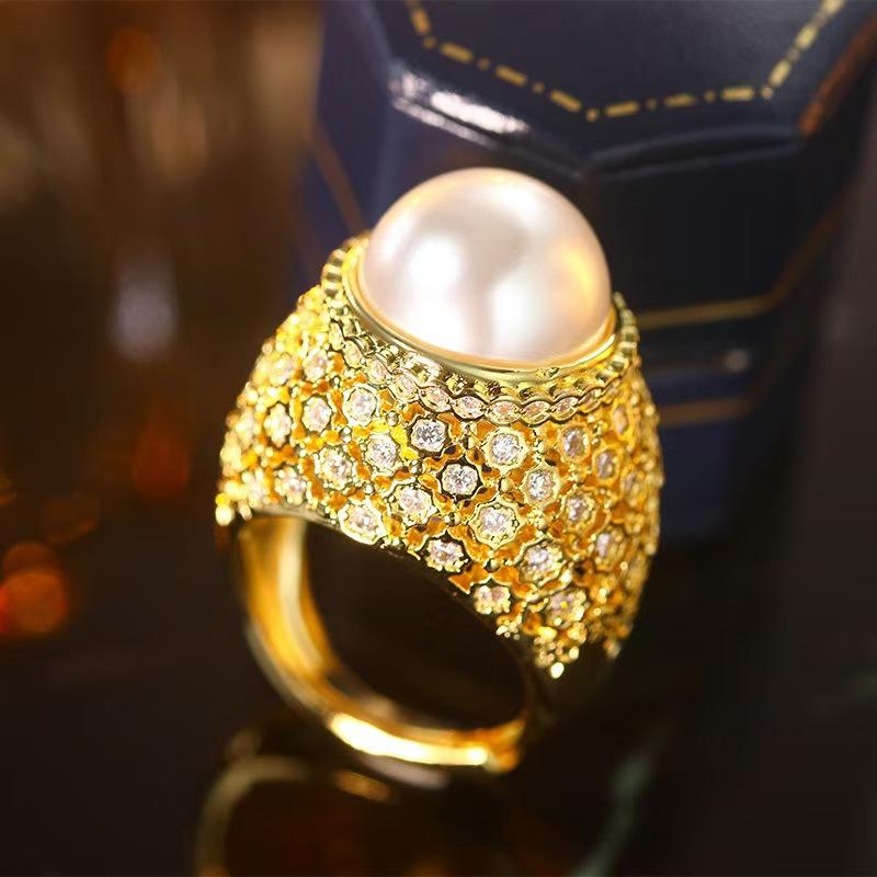 Copper-Plated Gold-Studded Diamond Pearl Open Ring Ring Ring Women'S Personality Simple High-End Hand Jewelry