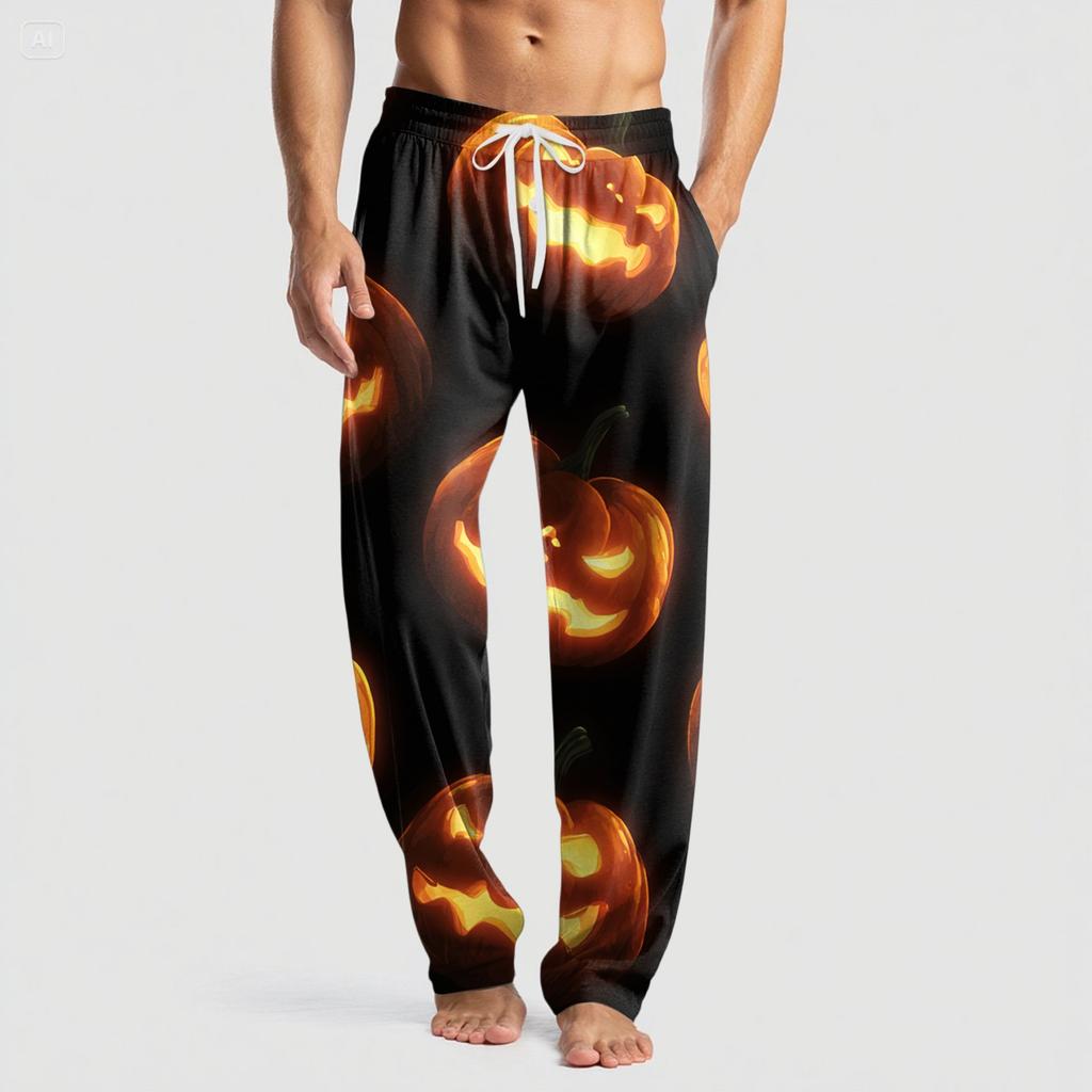 Men's Knitted Halloween Print Pocket Casual Pants Pajama Pants