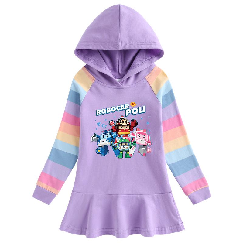 Spring & Autumn Ruffle Cartoon Rainbow Hooded Long Sleeve Princess Dress for Girls