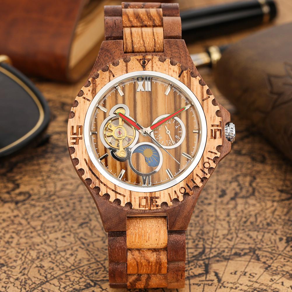 Tourbillon Skelettiertes 24-Stunden Mondphasenzifferblatt Herren Vollautomatische Mechanische Holzuhr Freizeit- und Geschäftszubehör